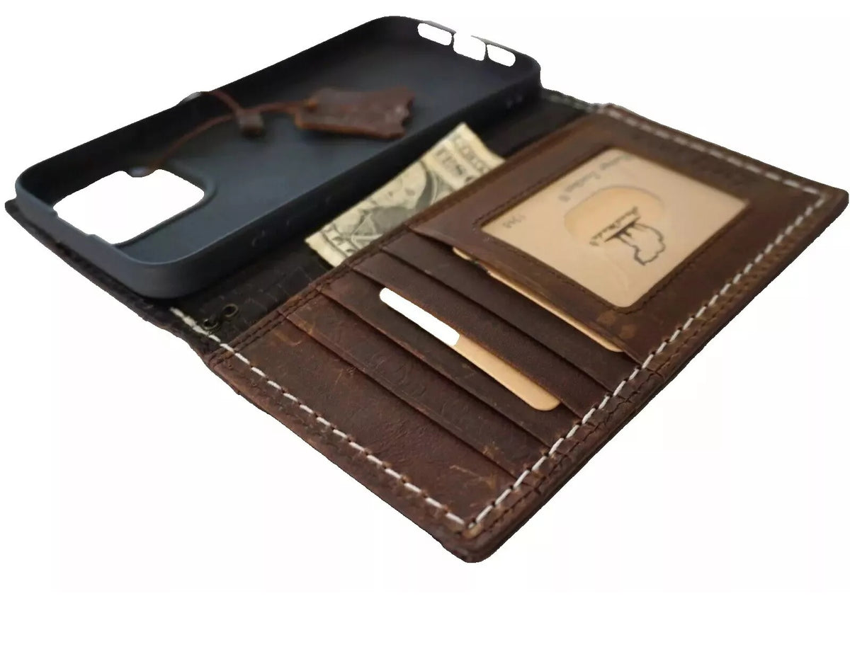 Handmade genuine leather wallet phone case for iPhone 12-16 Pro Max, SE, 8 Plus by DAVISCASE in dark luxury leather.