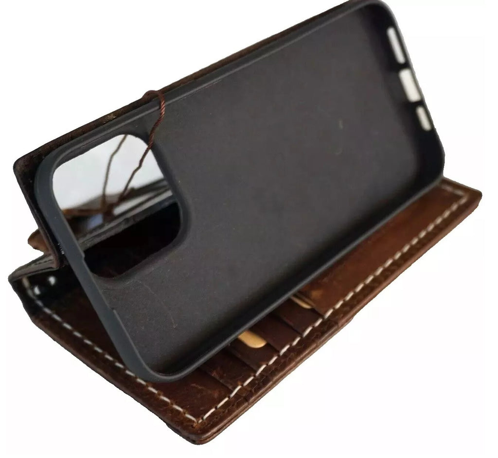Handmade genuine leather phone case by DAVISCASE for iPhone 12-16, SE 2025, with wallet and book cover design in dark leather.
