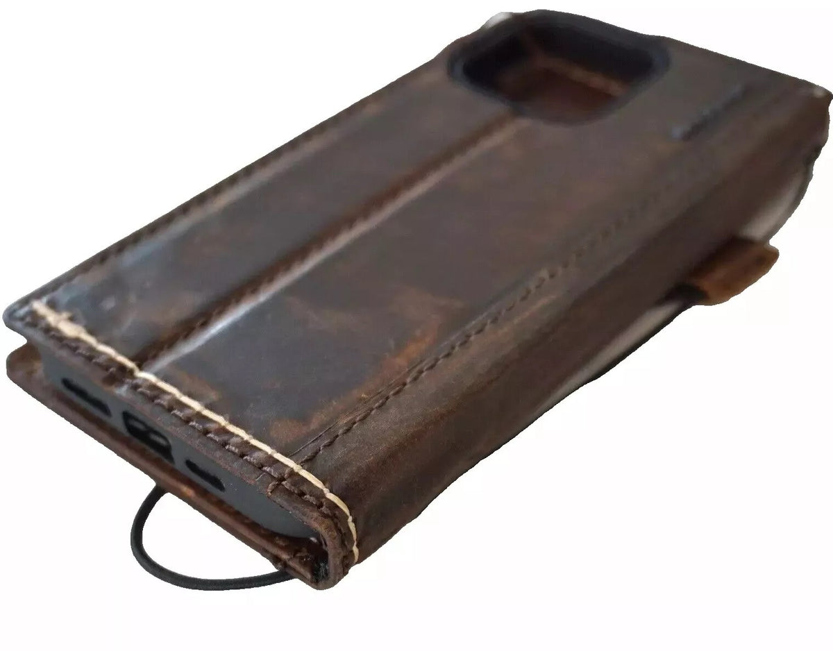 Handmade genuine leather wallet phone case for iPhone models, dark luxury mini cover by DAVISCASE, with card slots and precise cutouts.