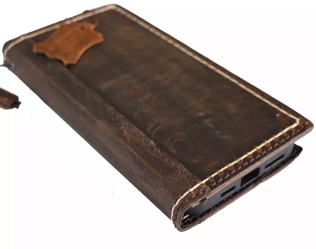 Handmade genuine leather phone case for Apple iPhone models with wallet book design, dark luxury finish by DAVISCASE.