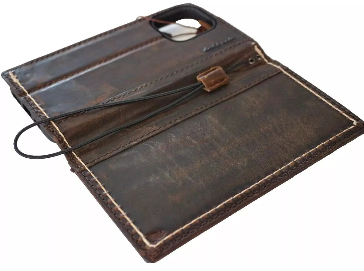 Handmade genuine leather wallet case for Apple iPhone 16, 14, 13, 12, 15, 8 Plus, SE 2025, with dark luxury finish.