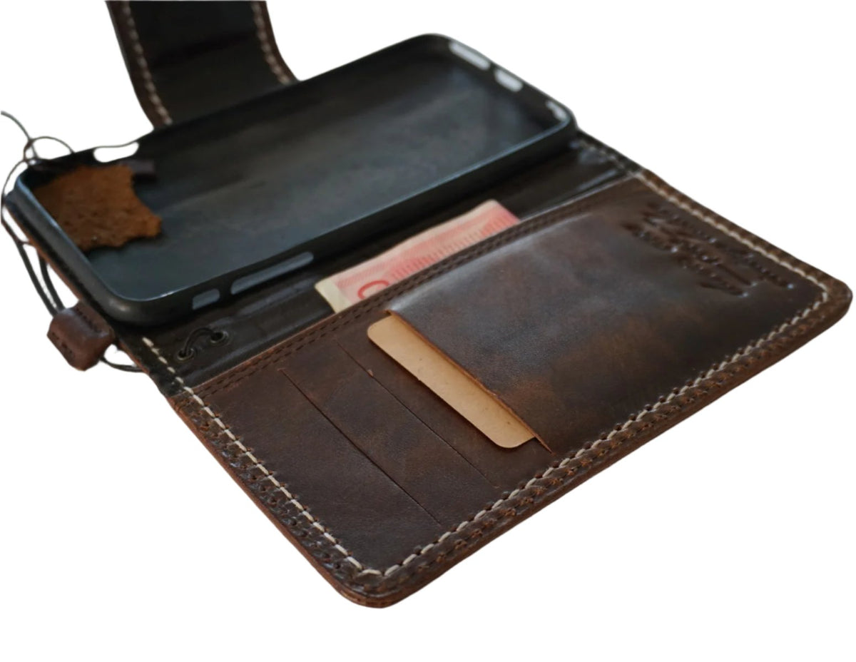 Dark brown genuine leather case for Google Pixel Fold by DAVISCASE, with book-style wallet closure and hand-stitched details.