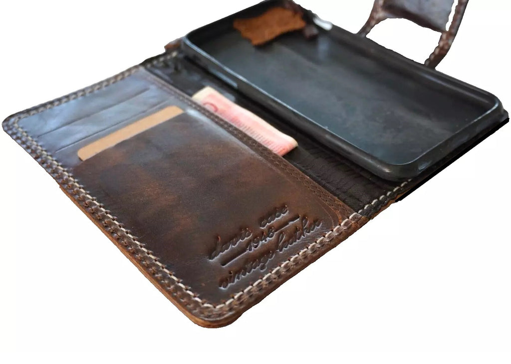 Handmade genuine leather phone case with wallet feature for Galaxy S24, S25, S26 Ultra FE Edge, dark color, by DAVISCASE.