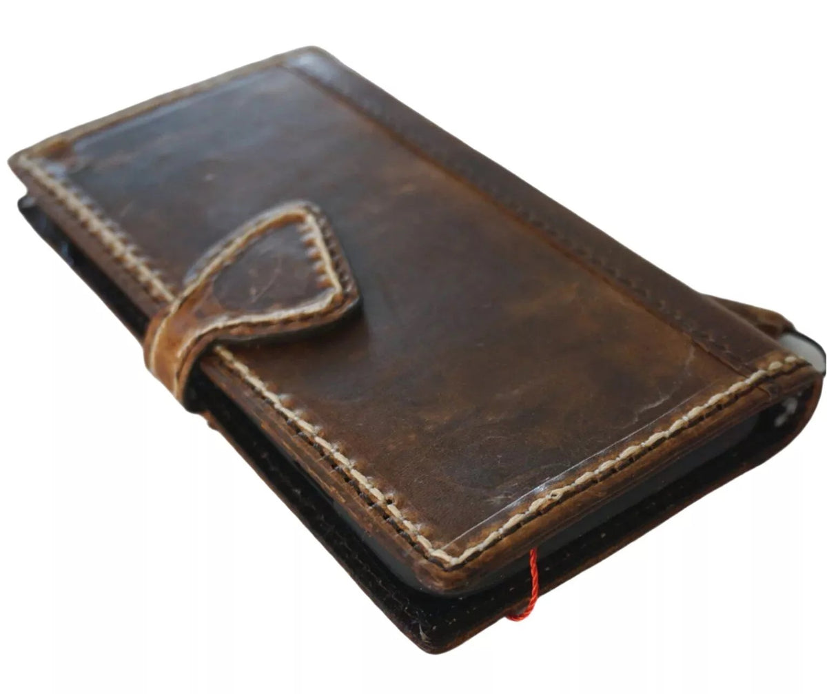 Handmade genuine leather phone case for Apple iPhone models, featuring a wallet book cover with magnetic sew closure by DAVISCASE.