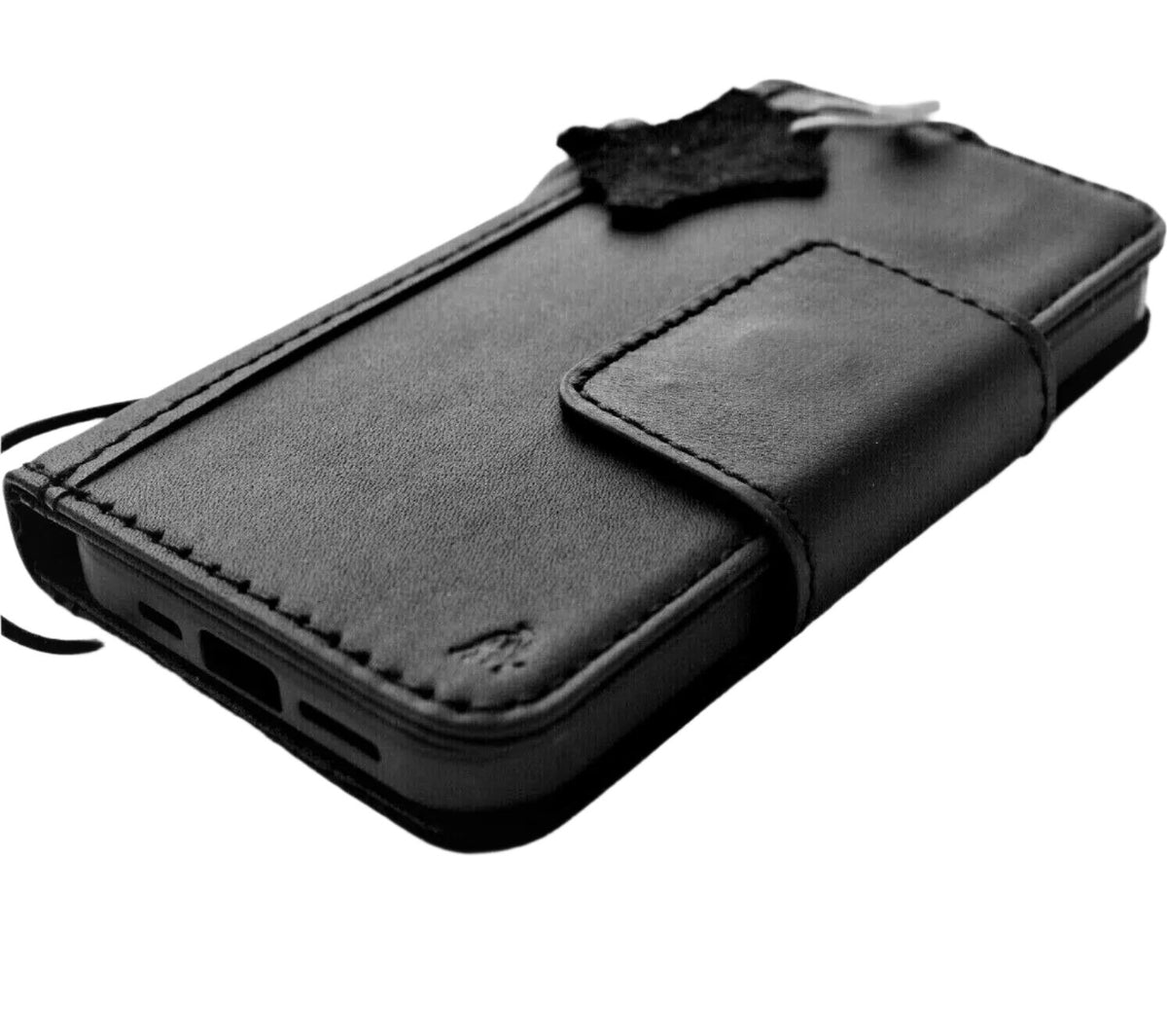 Handmade black leather phone case by DAVISCASE for iPhone 12 to 16 Pro Max, with wallet and magnetic closure, luxury minimalist design