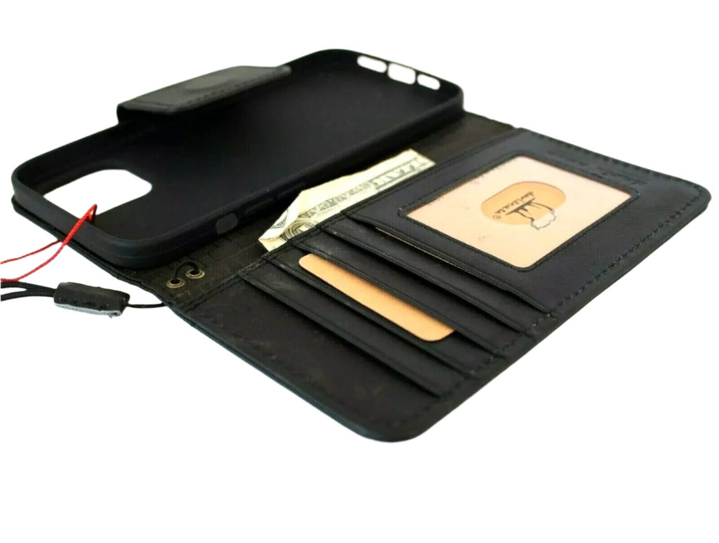 Handmade genuine leather phone case in black for iPhone models 12 to 16 Pro Max, with wallet and magnetic closure, by DAVISCASE.