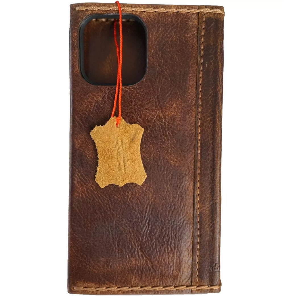 Handmade genuine leather phone case for Apple iPhone 14-17 Pro Max, luxury wallet book cover by DAVISCASE.