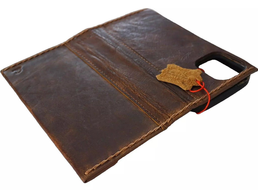 Handmade genuine leather wallet phone case for iPhone 14-17 Pro Max by DAVISCASE, featuring a luxury book cover design.