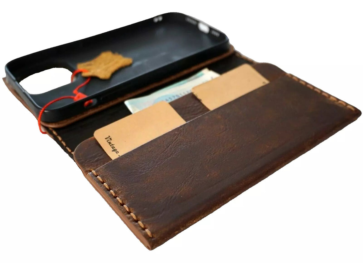 Handmade genuine leather phone case for iPhone 14, 15, 16, 17 Pro Max by DAVISCASE, featuring a wallet book cover design.