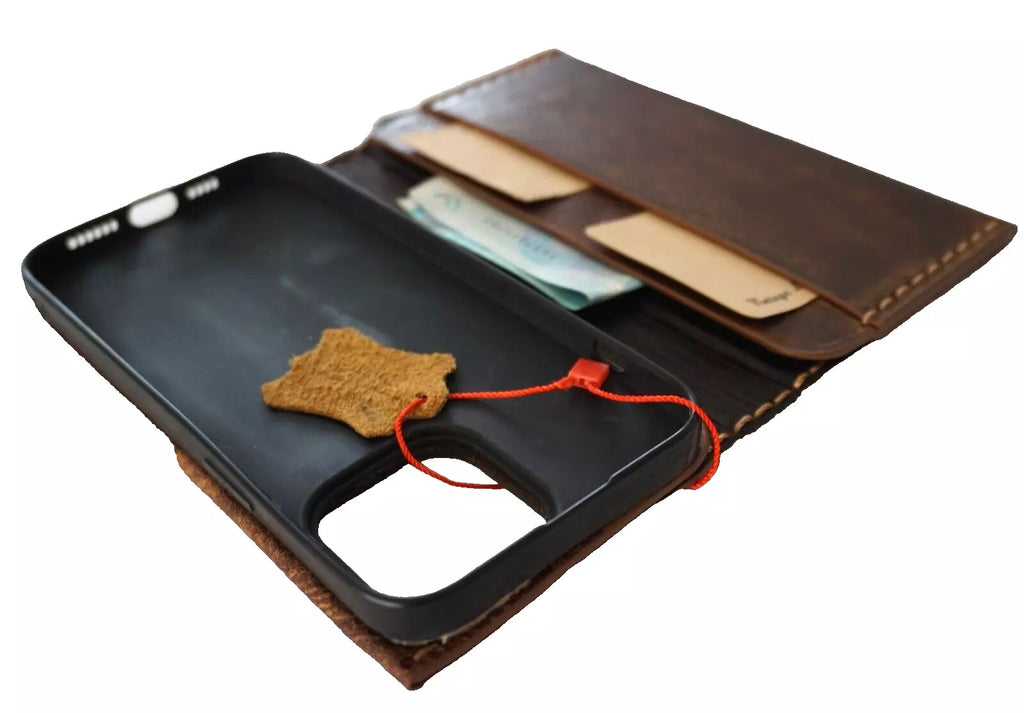 Handmade genuine leather wallet phone case for iPhone 16, 14, 15, 17 Pro Max by DAVISCASE, featuring a luxurious mini book cover design.