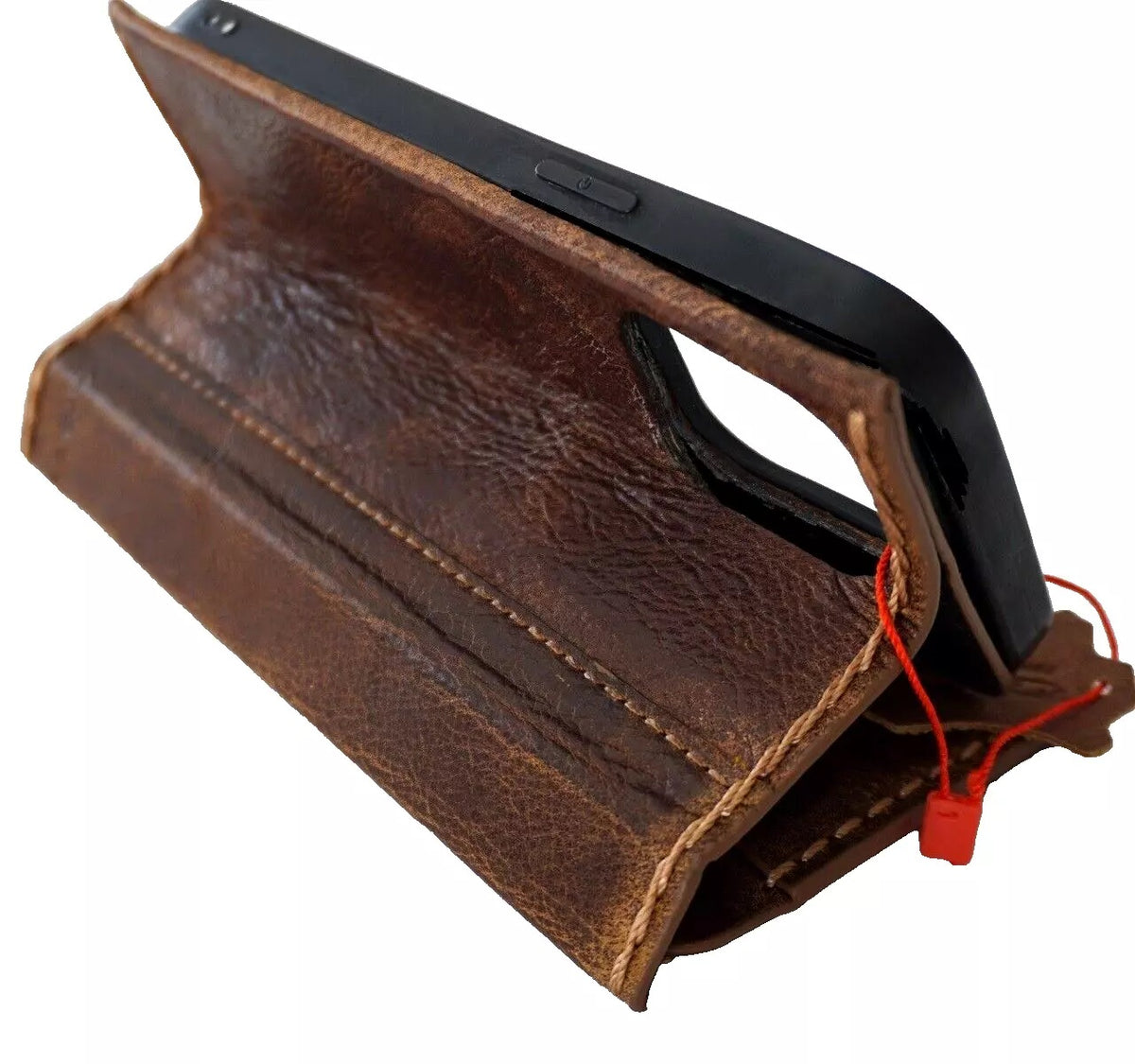 Handmade genuine leather wallet phone case for iPhone 16, 14, 15, 17 Pro Max by DAVISCASE with a sleek book cover design.