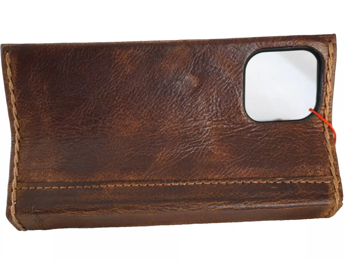 Handmade genuine leather wallet phone case for iPhone 14-17 Pro Max by DAVISCASE, featuring a luxurious book cover design.