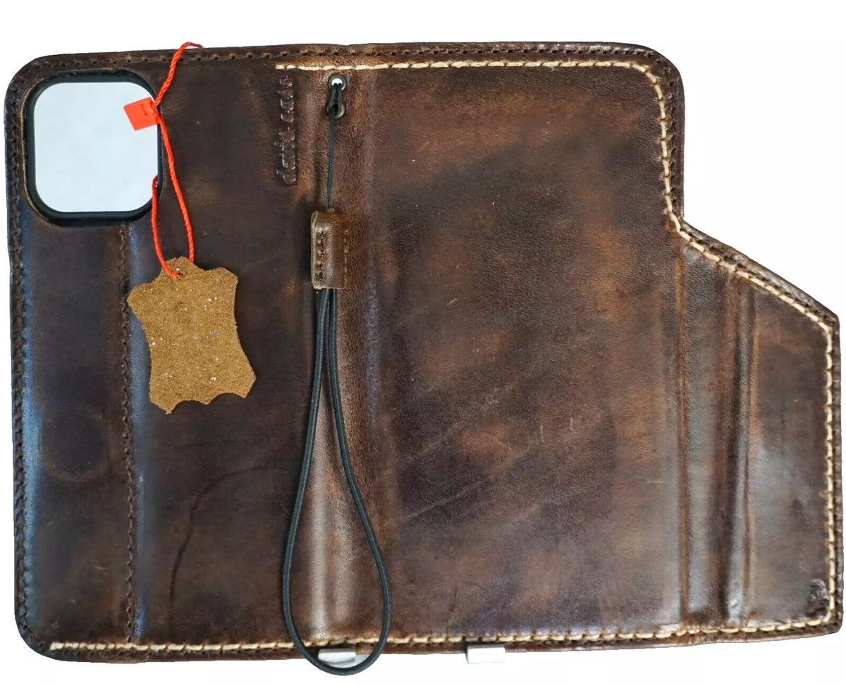 Handcrafted genuine leather wallet phone case for iPhone 11-16 Pro Max, SE, with magnetic closure and detailed sewing by DAVISCASE.