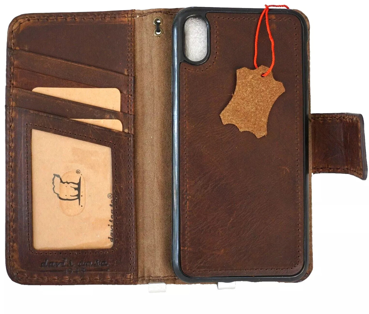 Handmade genuine leather phone case for iPhone 13-16 Pro Max with removable wallet, magnetic closure, by DAVISCASE.