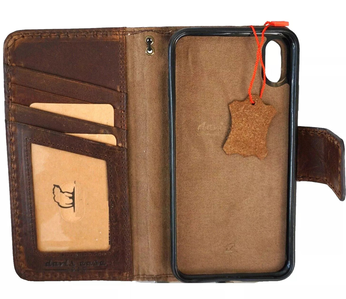Handmade genuine leather phone case for iPhone 13-16 Pro Max with removable wallet, magnetic closure, by DAVISCASE.