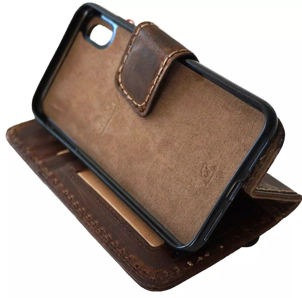 Handmade genuine leather phone case for iPhone 13-16 Pro Max with removable wallet, magnetic closure, by DAVISCASE.