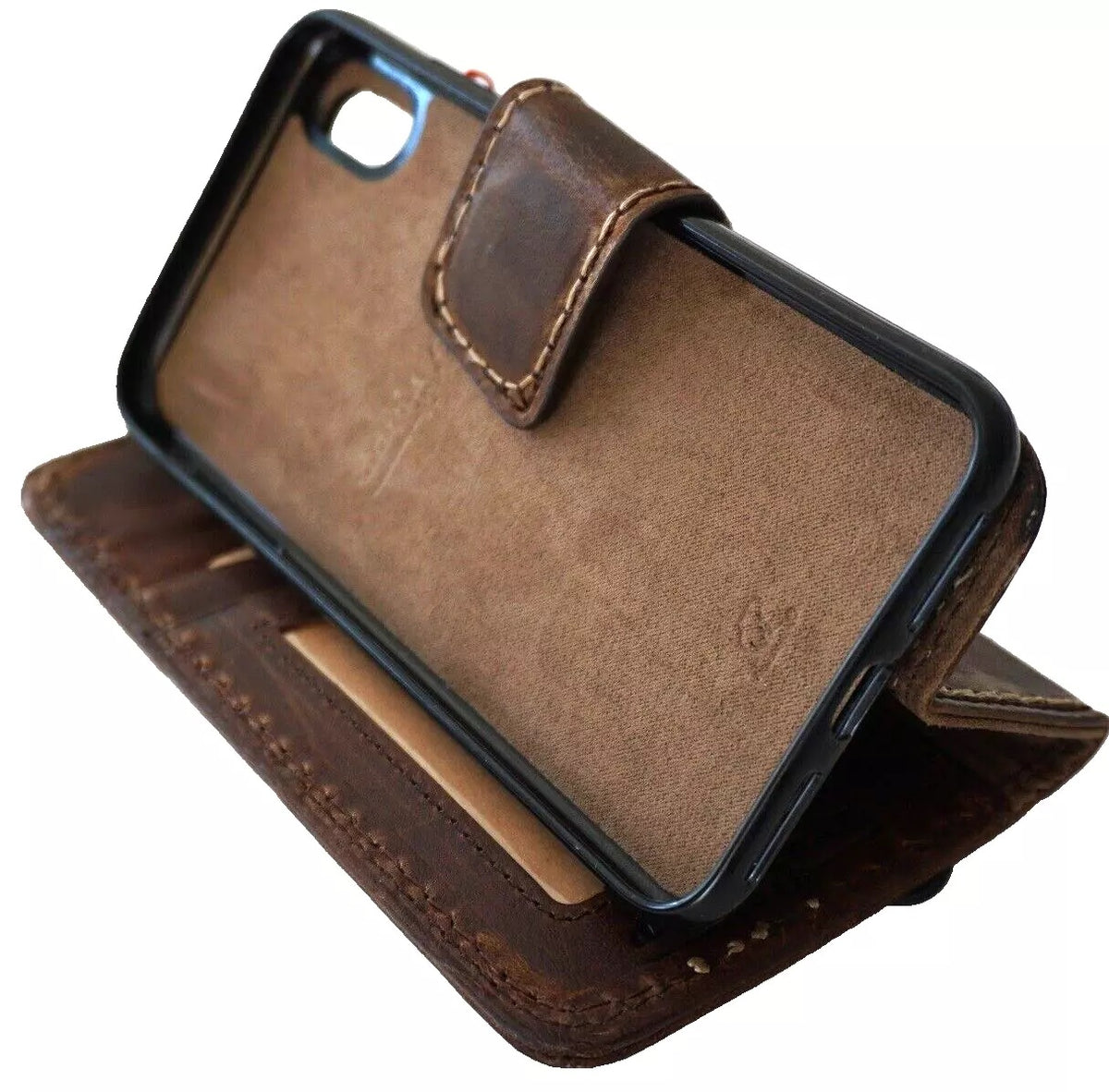 Handmade genuine leather phone case for iPhone 13-16 Pro Max with removable wallet, magnetic closure, by DAVISCASE.