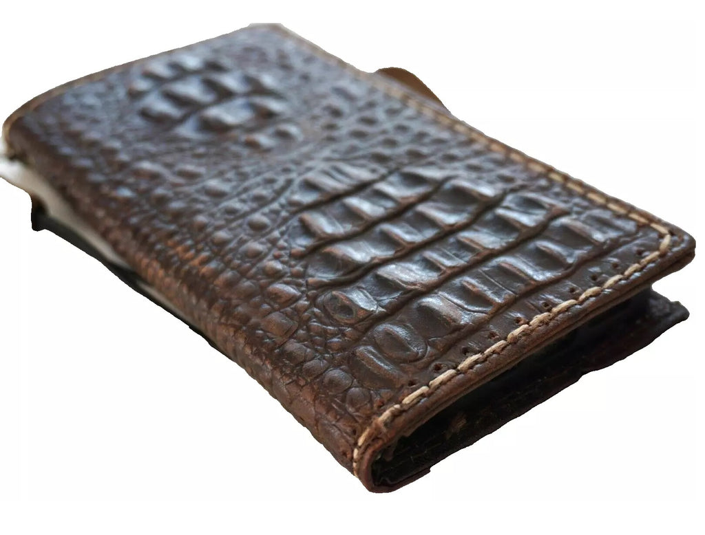 Handmade vintage crocodile leather phone case for iPhone 11-16 Pro Max, SE 3, 8 Plus by DAVISCASE, with wallet and book-style design.