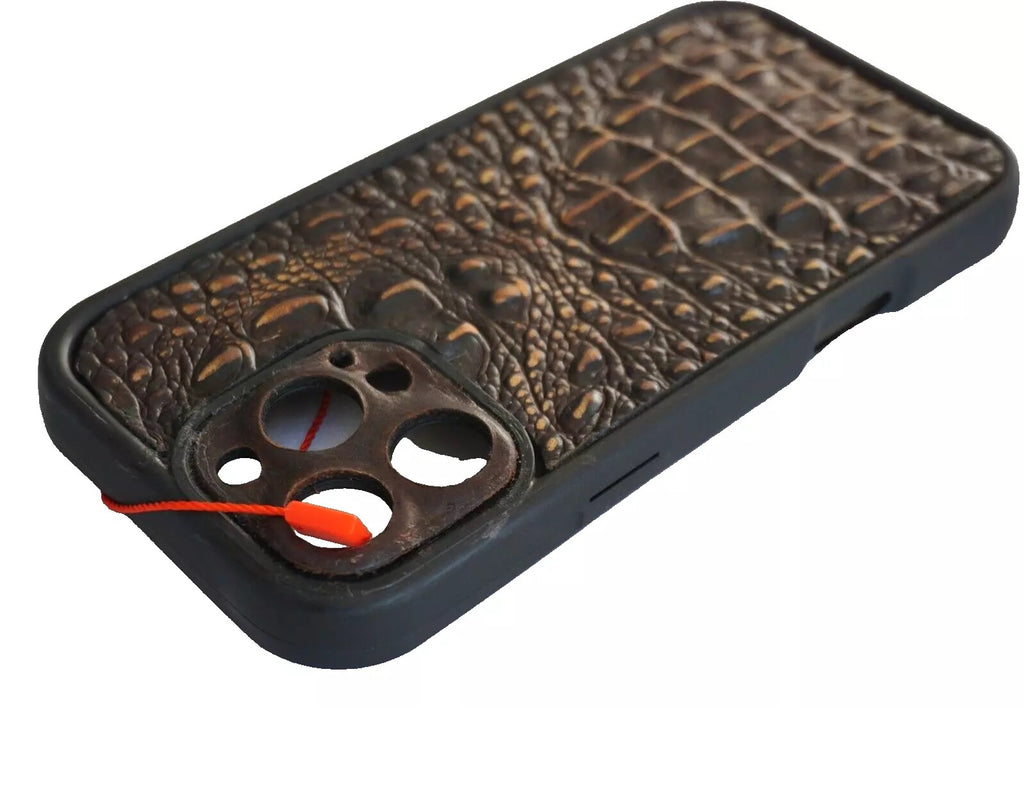 Handmade genuine leather phone case for iPhone 12-16 Pro Max, SE Wallet Book style with vintage crocodile pattern by DAVISCASE.
