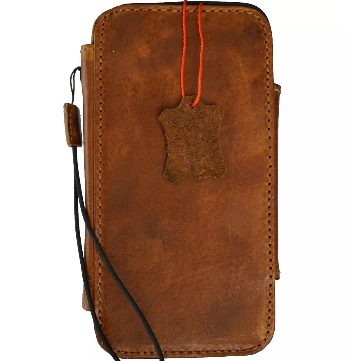 Handmade genuine leather phone case by DAVISCASE for iPhone 12-16 Pro Max with wallet and magnetic hand-sewn details.