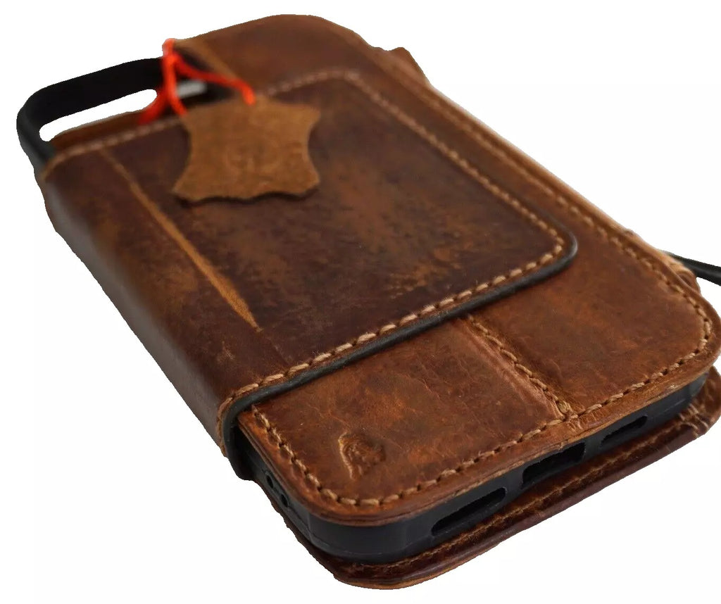 Handmade genuine leather phone case for iPhone 12-16 Pro Max, with removable wallet and magnetic closure by DAVISCASE.