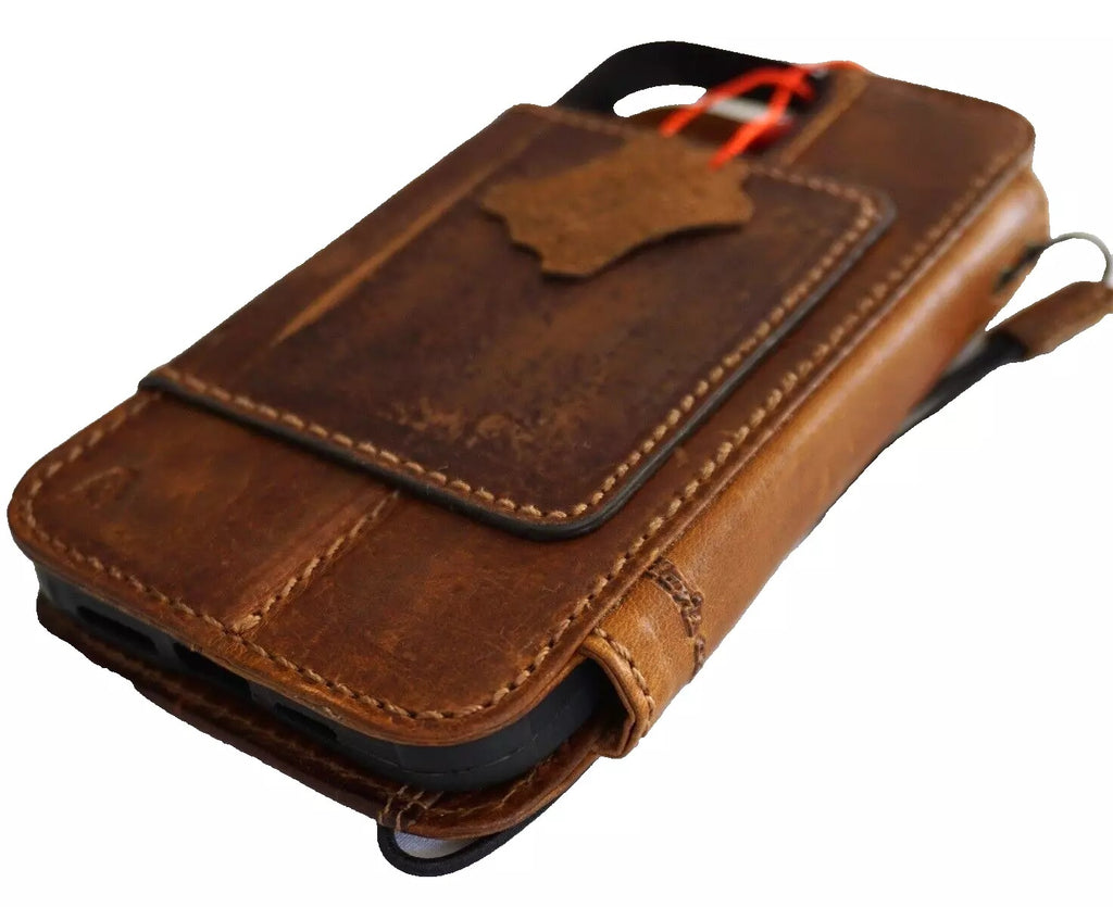Handmade genuine leather phone case for iPhone 13-16 Pro Max and 8 Plus, with wallet and magnetic hand sewing by DAVISCASE