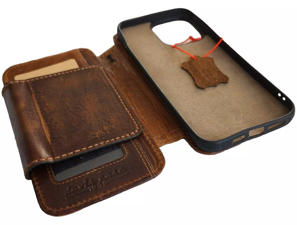 Handmade genuine leather phone case for iPhone 12-16 Pro Max, with removable wallet and magnetic hand-sewn detailing by DAVISCASE.