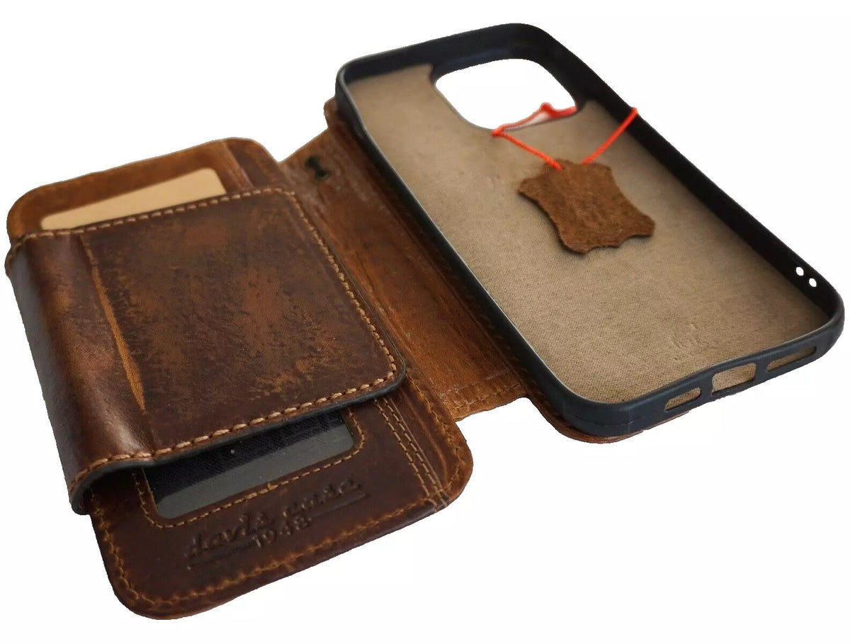 Handmade genuine leather phone case for iPhone 12-16 Pro Max, with removable wallet and magnetic hand-sewn detailing by DAVISCASE.