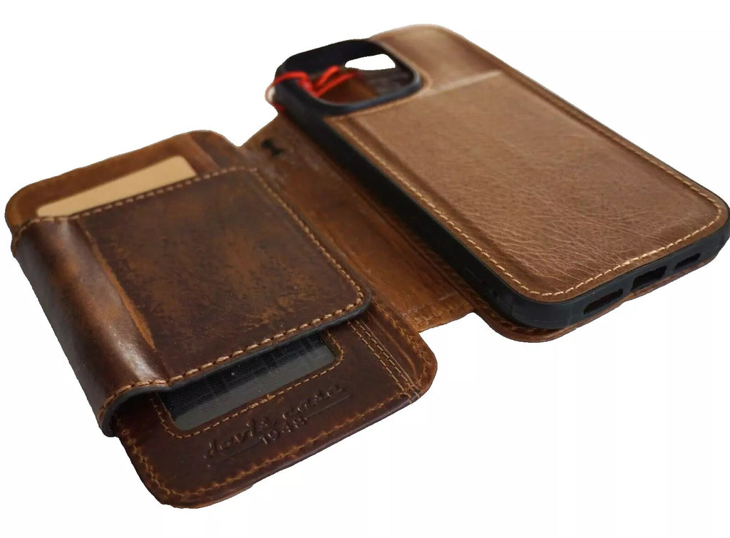 Handmade genuine leather phone case for iPhone 12-16 Pro Max with wallet and magnetic closure by DAVISCASE, shown with open design.