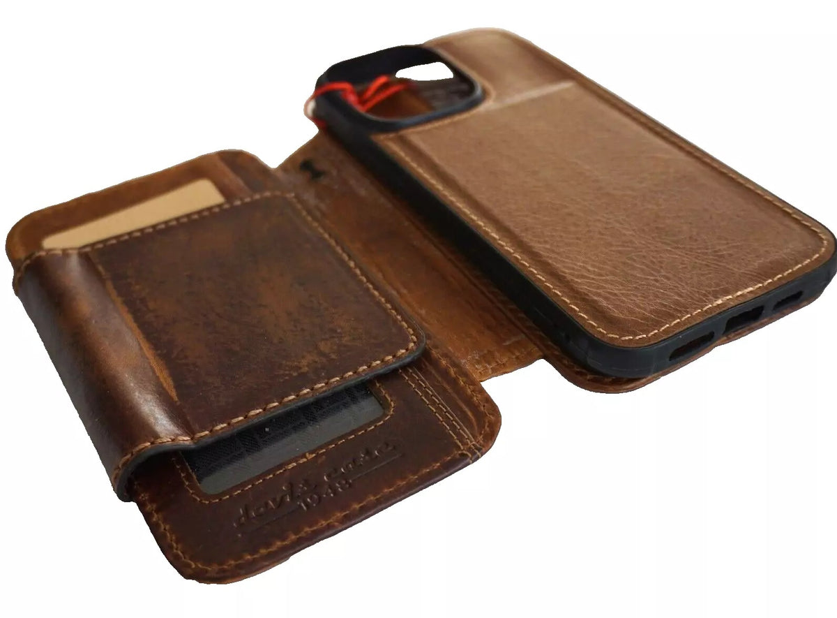 Handmade genuine leather phone case for iPhone 12-16 Pro Max with wallet and magnetic closure by DAVISCASE, shown with open design.