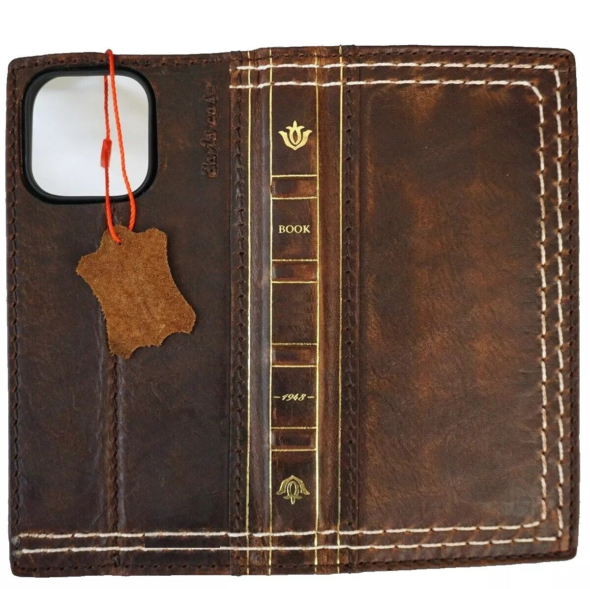 Handmade genuine leather phone case for iPhone 12-16 Pro Max and 8 Plus, with Bible craft design and double stitching by DAVISCASE.