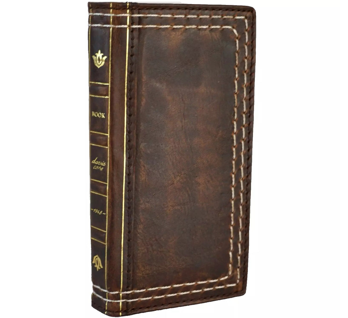 Handmade genuine leather phone case for iPhone 12-16 Pro Max with Bible craft design and double stitching by DAVISCASE.
