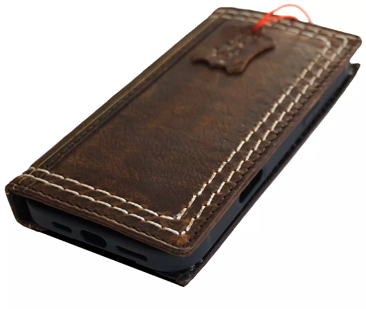 Handmade genuine leather phone case for iPhone 12-16 Pro Max, Bible crafts wallet with double stitching by DAVISCASE.