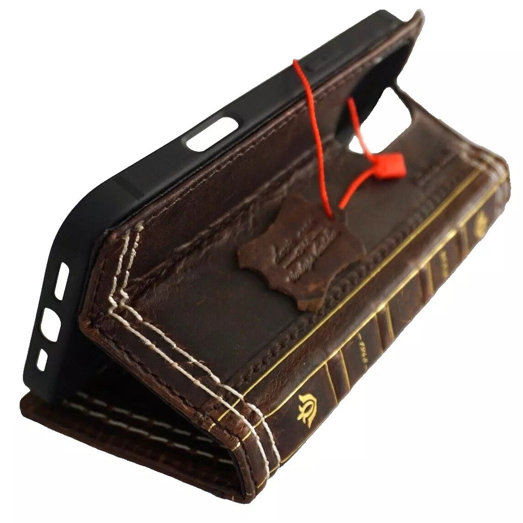 Handmade genuine leather phone case by DAVISCASE for iPhone 12-16 Pro Max, with Bible crafts design and double stitch details.