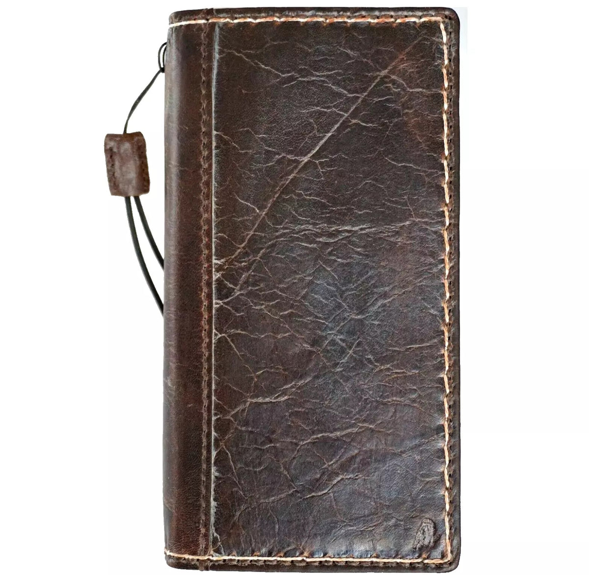 Handmade genuine leather wallet phone case for iPhone 12-16 Pro Max, featuring a luxurious, mini design with natural leather wrinkles.