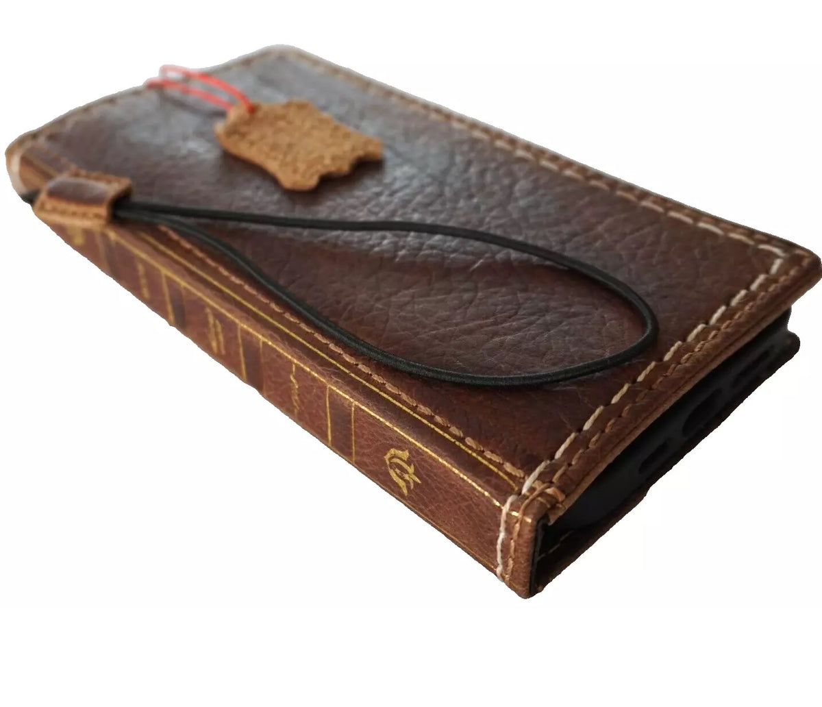 Handmade genuine leather wallet phone case for Galaxy Z Fold 8-7 by DAVISCASE, featuring a Bible-style design in tan leather.