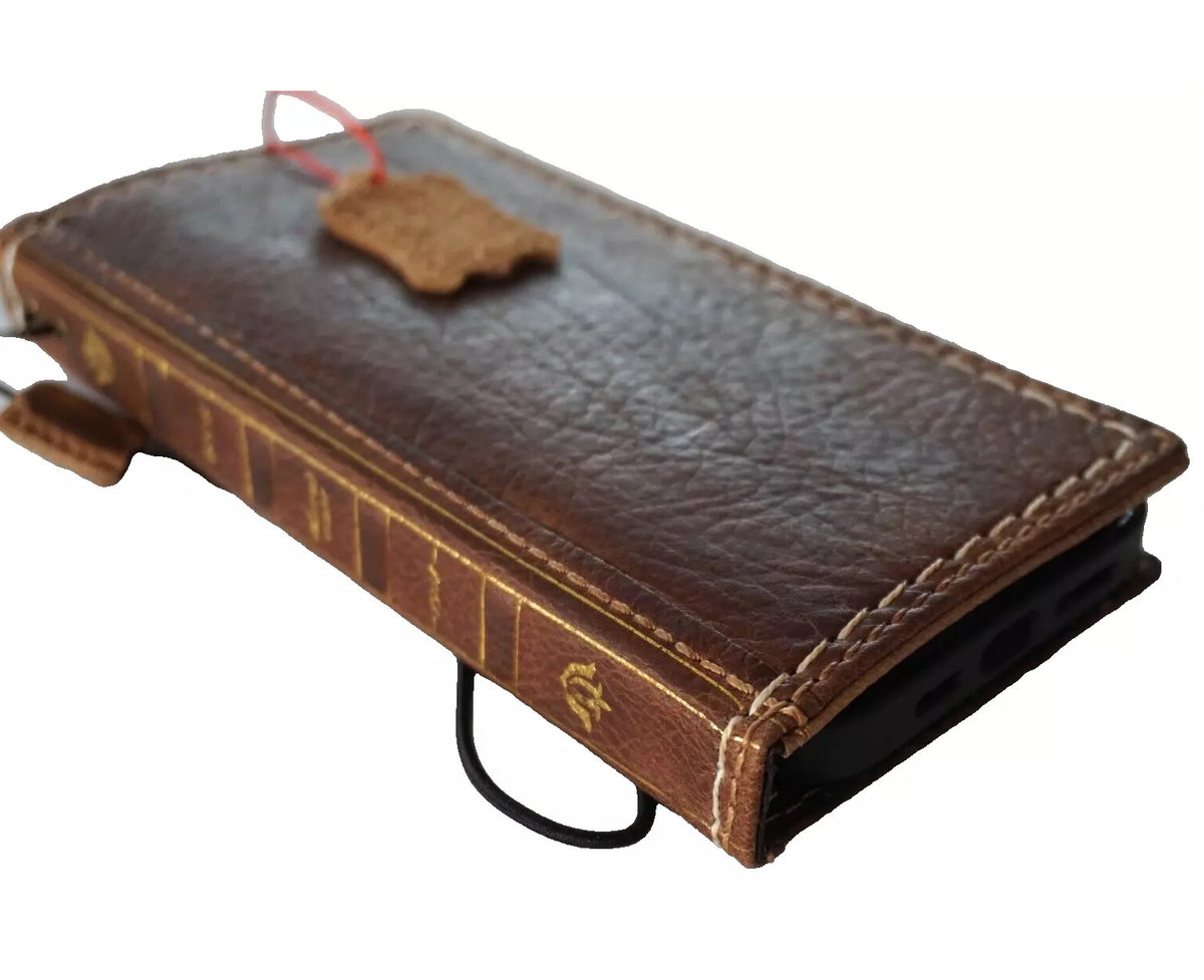 Handmade genuine leather phone case by DAVISCASE for iPhone 12 to 17 Pro Max, Air, 8 Plus, SE, XS, wallet-style, tan color.