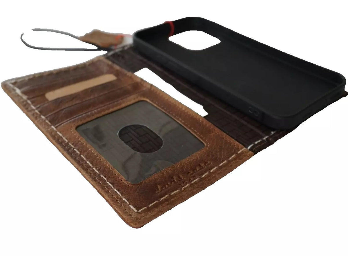 Handmade tan genuine leather wallet book case for Samsung Galaxy Z Fold 3 4 5 6 7, featuring crafted Bible-style design.