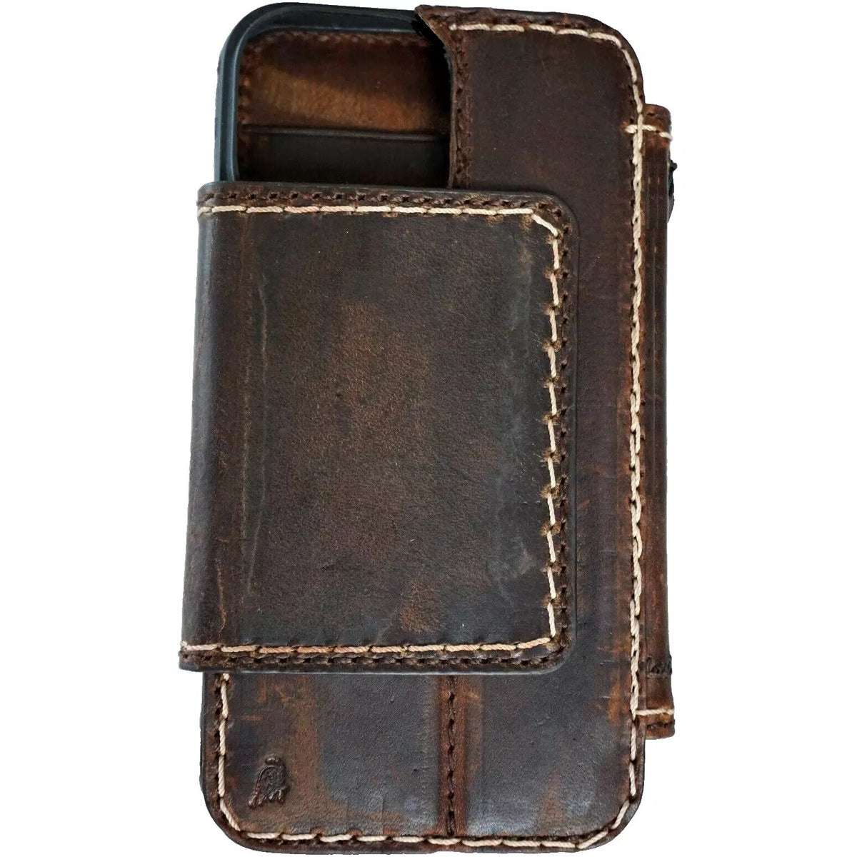Handmade genuine leather phone case for iPhone 12-16 Pro Max with wallet feature, magnetic closure, dark color, by DAVISCASE.
