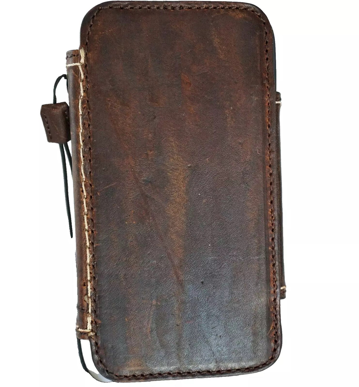 Handmade DAVISCASE leather phone case with wallet for iPhone 13-16 Pro Max, featuring magnetic closure and hand-sewn dark leather design.