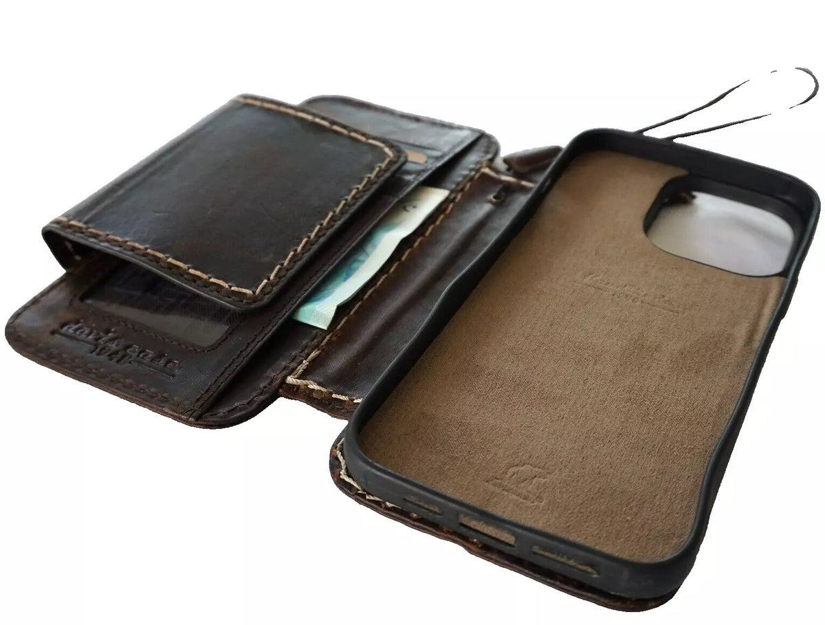 Handmade genuine leather phone case for iPhone 13-16 Pro Max with removable wallet, magnetic closure, dark leather by DAVISCASE.