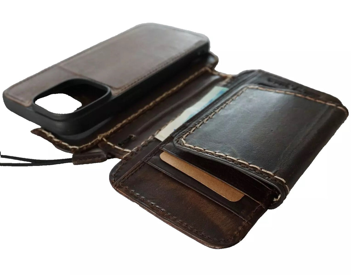 Handmade genuine leather phone case for iPhone 13-16 Pro Max and 8 Plus, with wallet and magnetic closure, dark color, by DAVISCASE