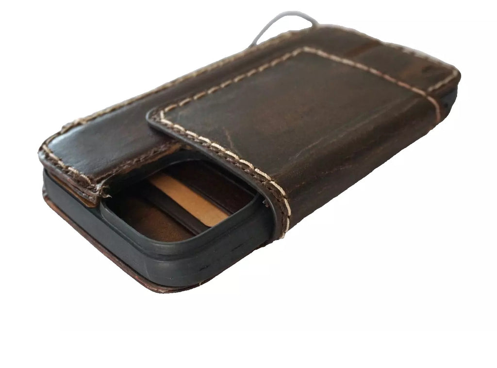 Handmade genuine leather phone case for Apple iPhone 13-16 Pro Max with removable wallet and magnetic closure, dark brown color.