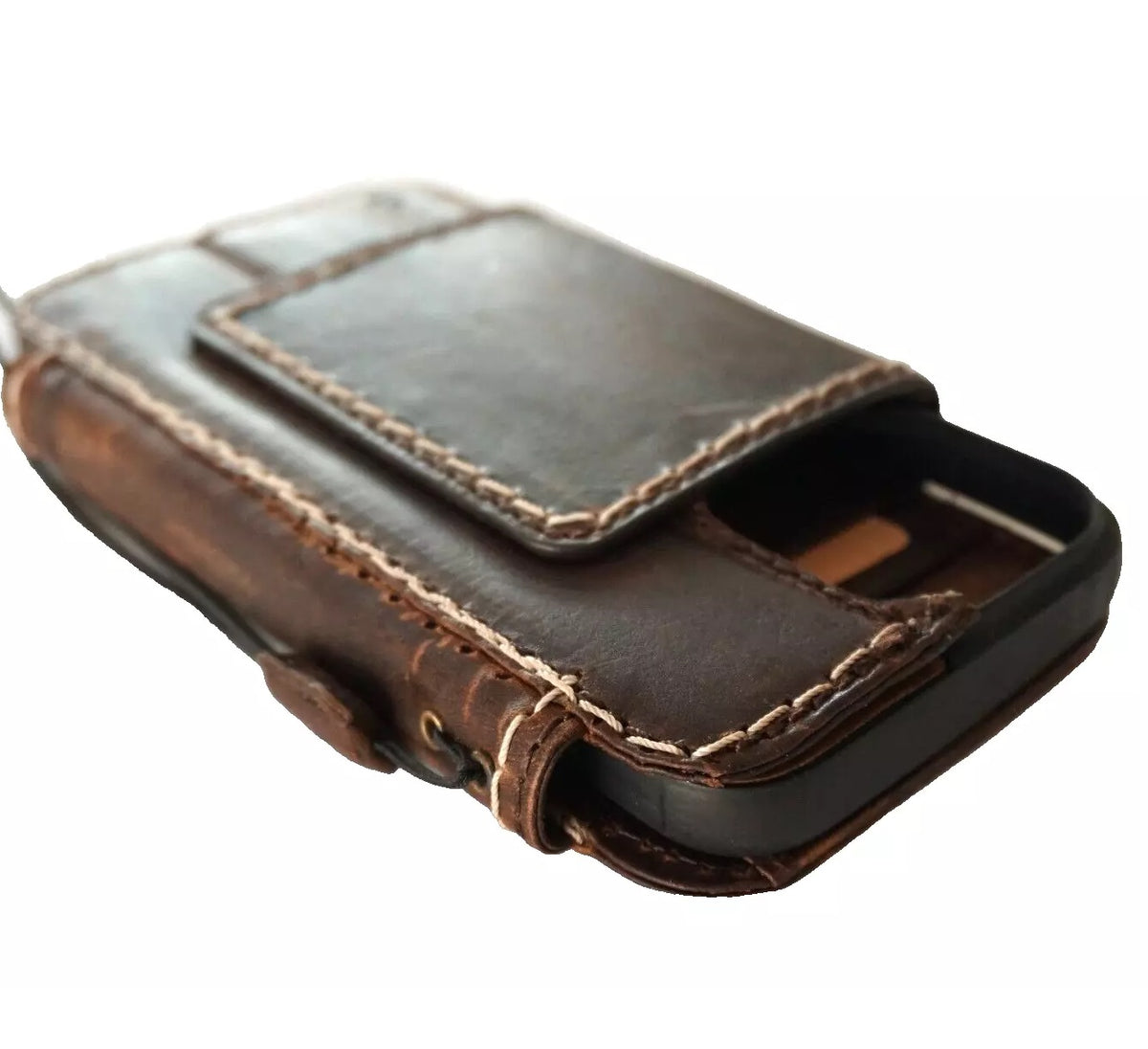 Handmade genuine leather phone case for iPhone 13-16 Pro Max and 8 Plus, featuring a removable wallet and magnetic closure, dark color.