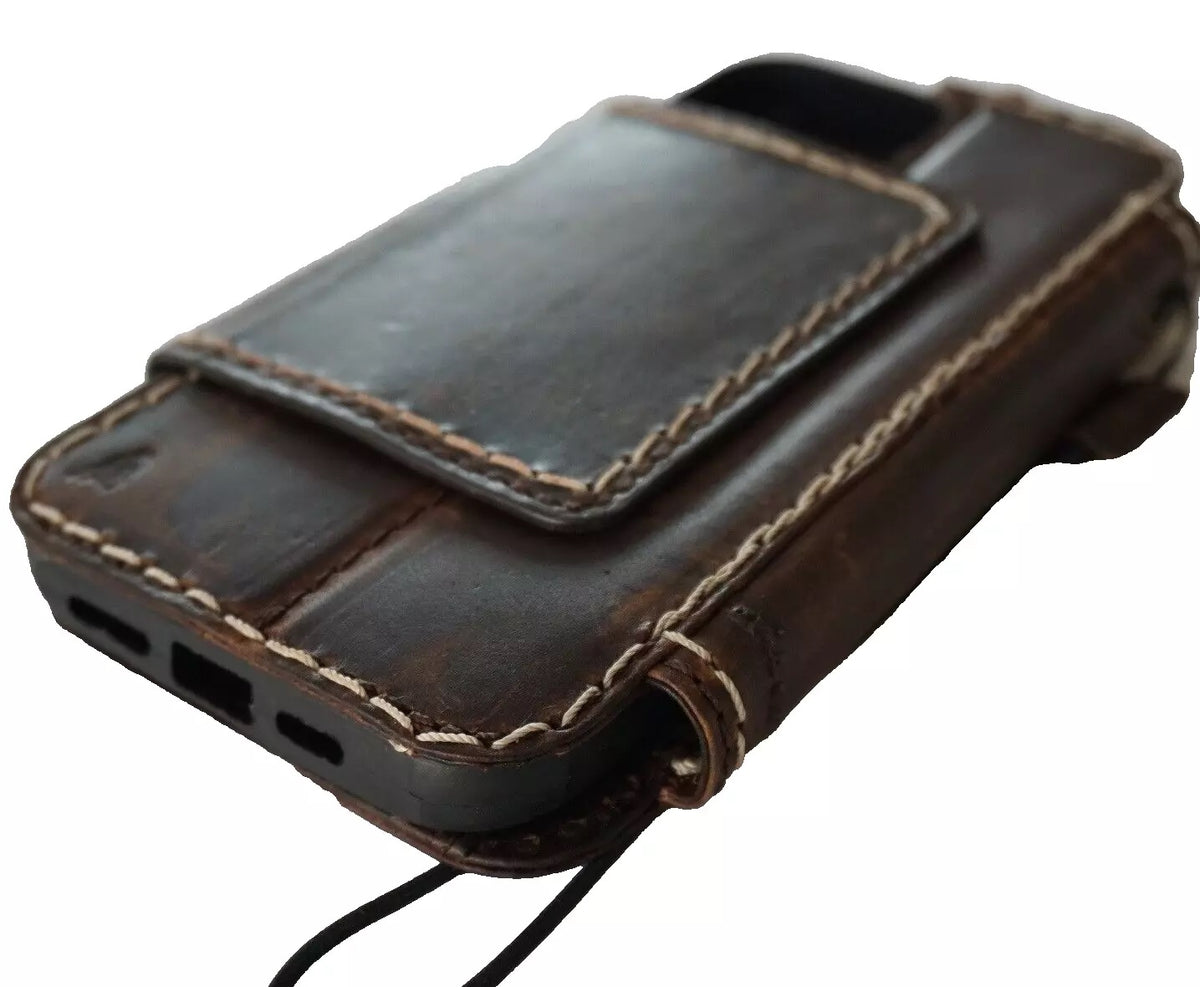 Handmade genuine leather phone case for iPhone 12-16 Pro Max with wallet, magnetic closure, and hand-sewn dark leather detailing.