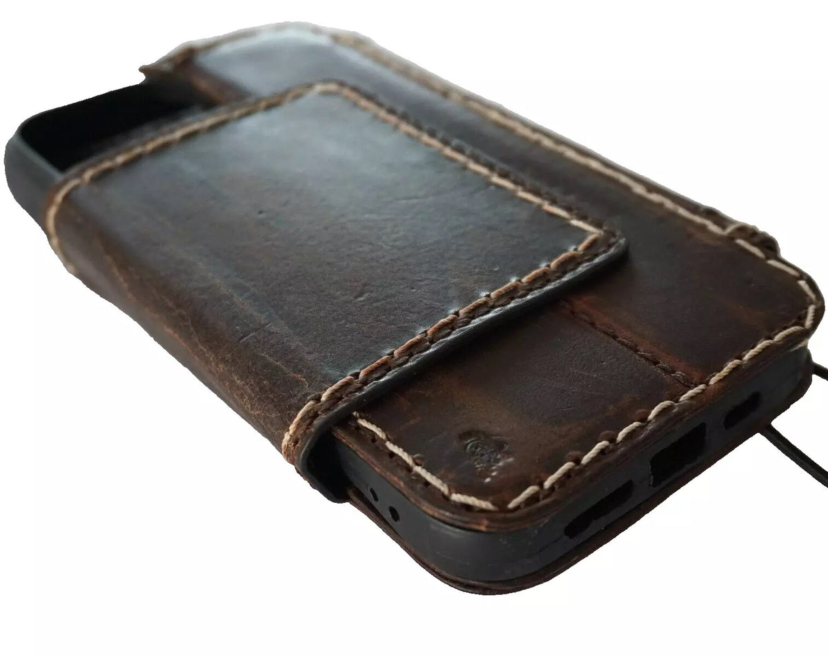 Handmade genuine leather phone case for iPhone 13-16 Pro Max, with wallet and magnetic closure, dark color, from DAVISCASE.