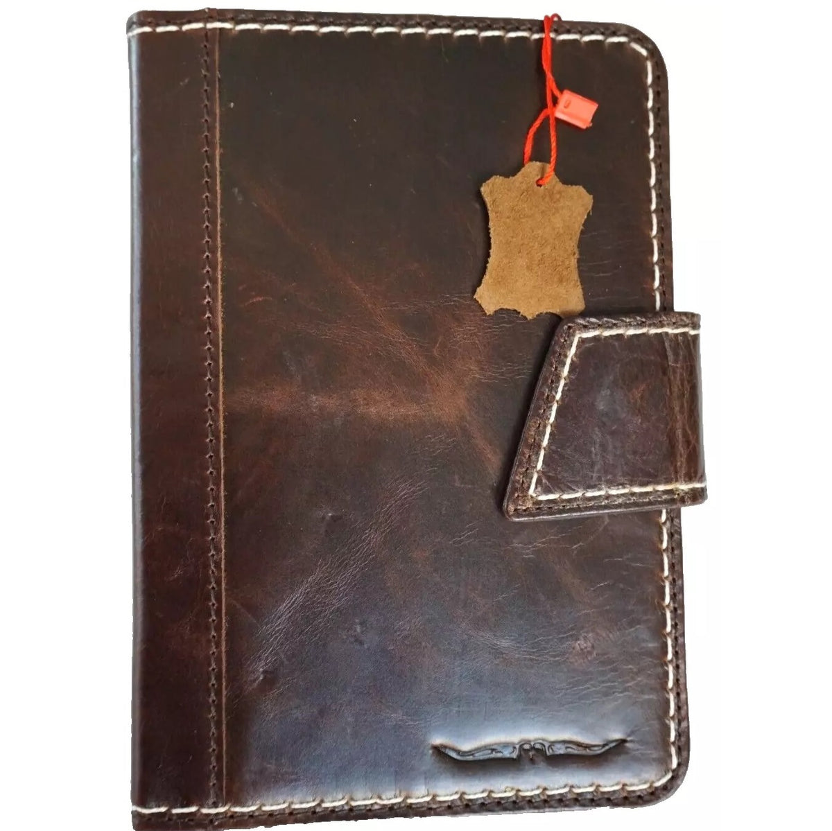 Genuine dark leather case for Apple iPad Mini 6, 5, 4, 3 Pro, hand-sewn luxury cover by DAVISCASE, showcasing craftsmanship.