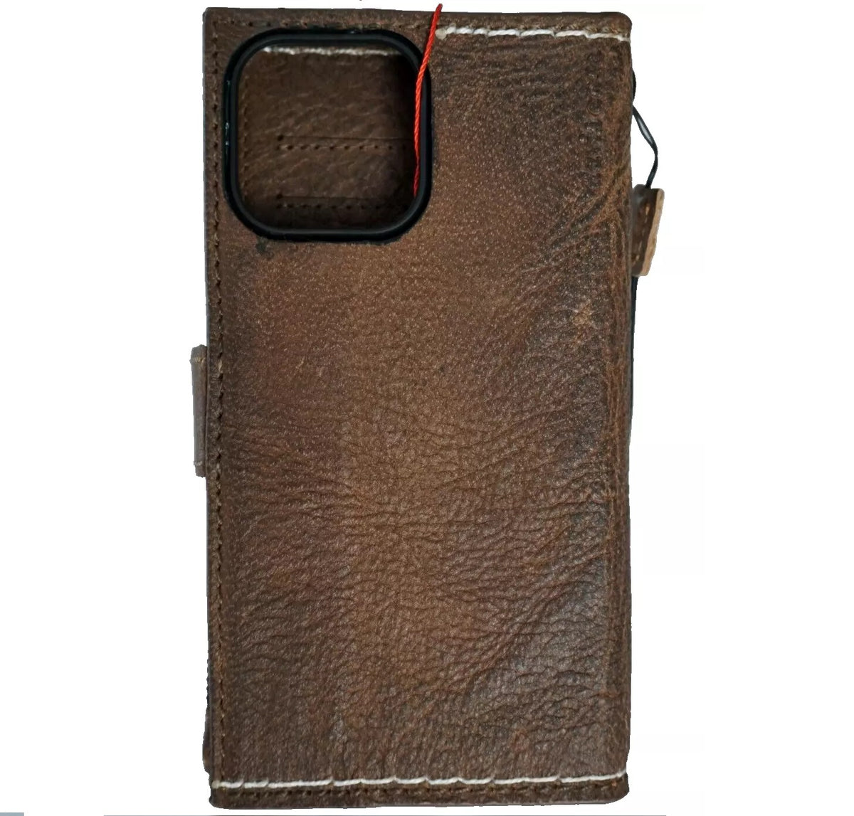 Handmade genuine leather phone case for iPhone models with wallet and zipper, vintage dark finish, featuring DAVISCASE branding.