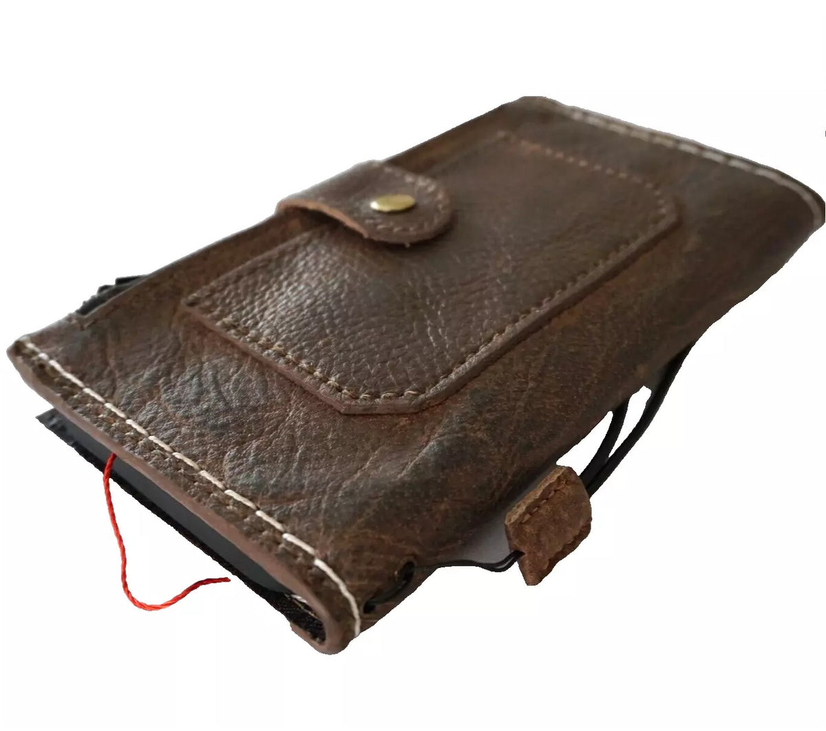 Handmade genuine leather iPhone case with zipper, wallet design, vintage dark finish, compatible with models 8 to 16 Pro Max, SE, XS.