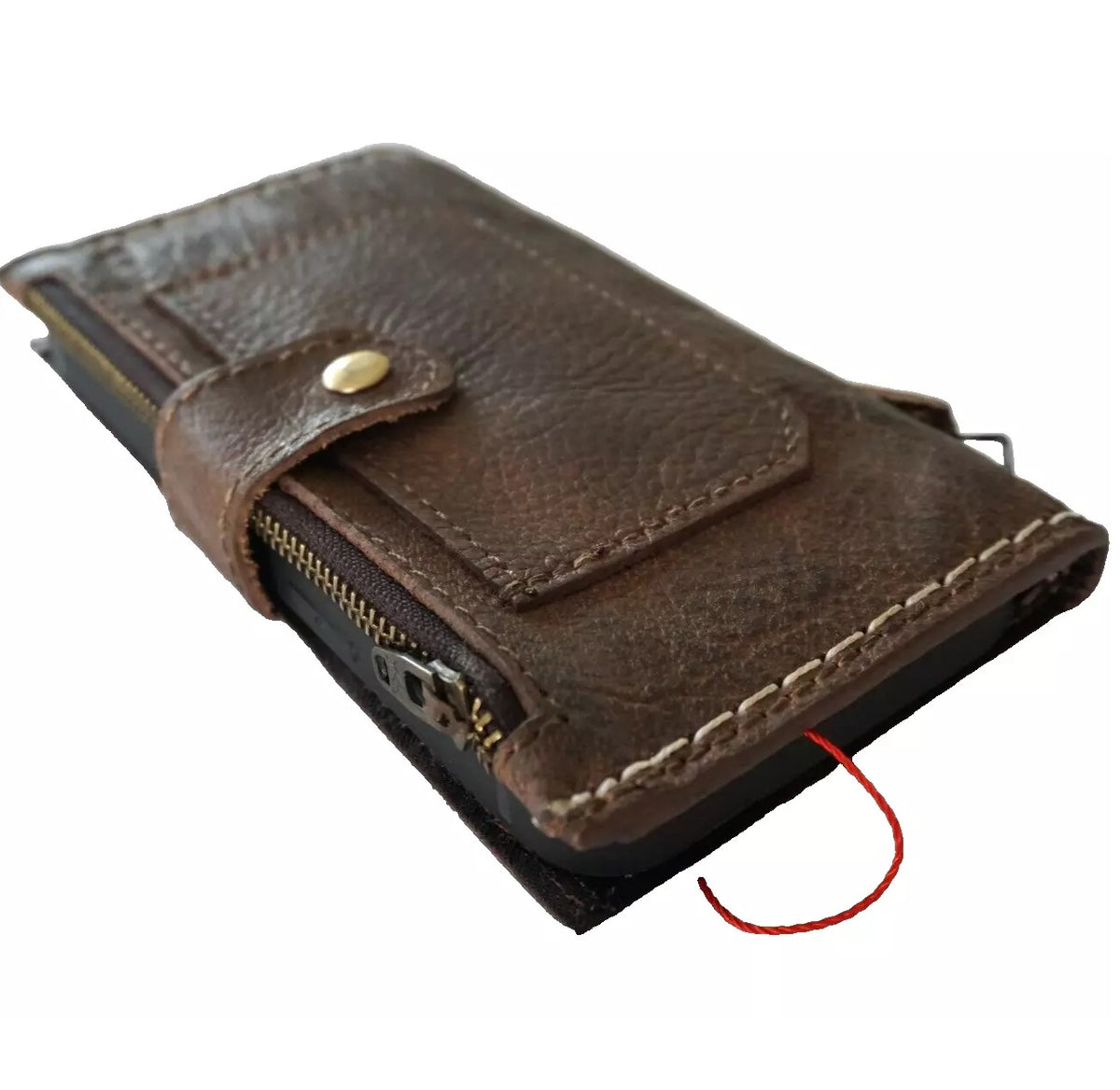 Handmade genuine leather phone case for iPhone models, vintage dark wallet book with zipper, by DAVISCASE.
